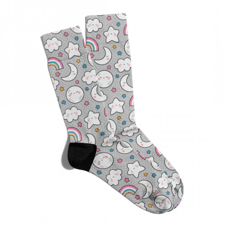 Eğlenceli Çorap Unisex Gri Ay Gökkuşağı Baskılı Çorap ECSOKET015