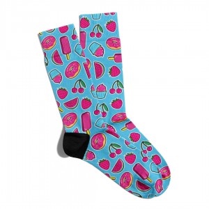 Eğlenceli Çorap Unisex  Mavi Yaz Meyveleri Donut Baskılı Çorap ECSOKET170