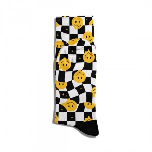Eğlenceli Çorap Unisex  Siyah Damalı Emoji Desen Baskılı Çorap ECSOKET191