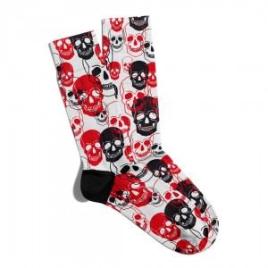 Eğlenceli Çorap Unisex  Renkli Kırmızı Siyah Skull Baskılı Çorap ECSOKET257