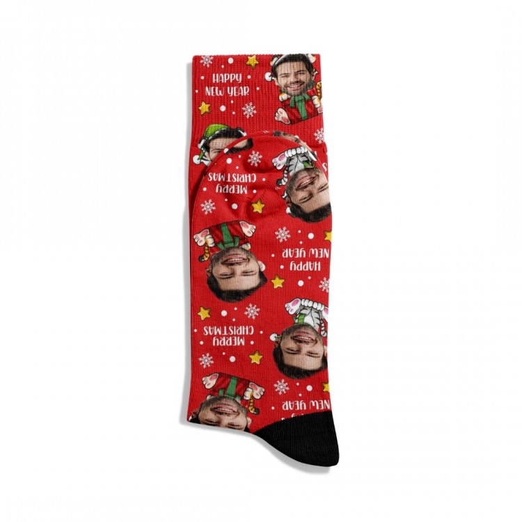 Kişiye Özel Face Yüz Baskılı Unisex Kırmızı Kedi Yılbaşı Temalı Baskılı Özel Çorap EGNFC005