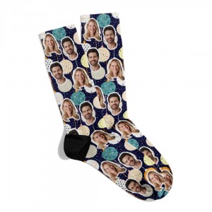 Kişiye Özel Face Yüz Baskılı Unisex  Lacivert New Year Desen Baskılı Özel Çorap EGNFC006